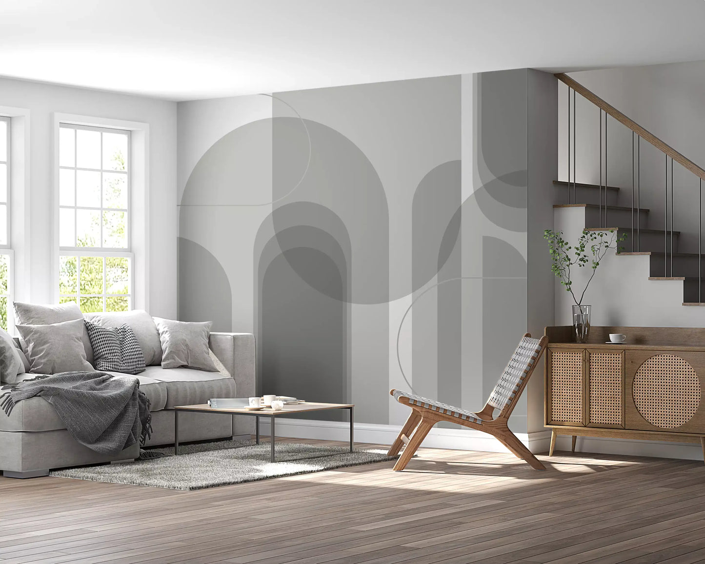 Abstract Grey Arches Wall Mural with rounded shapes and soft tonal depth