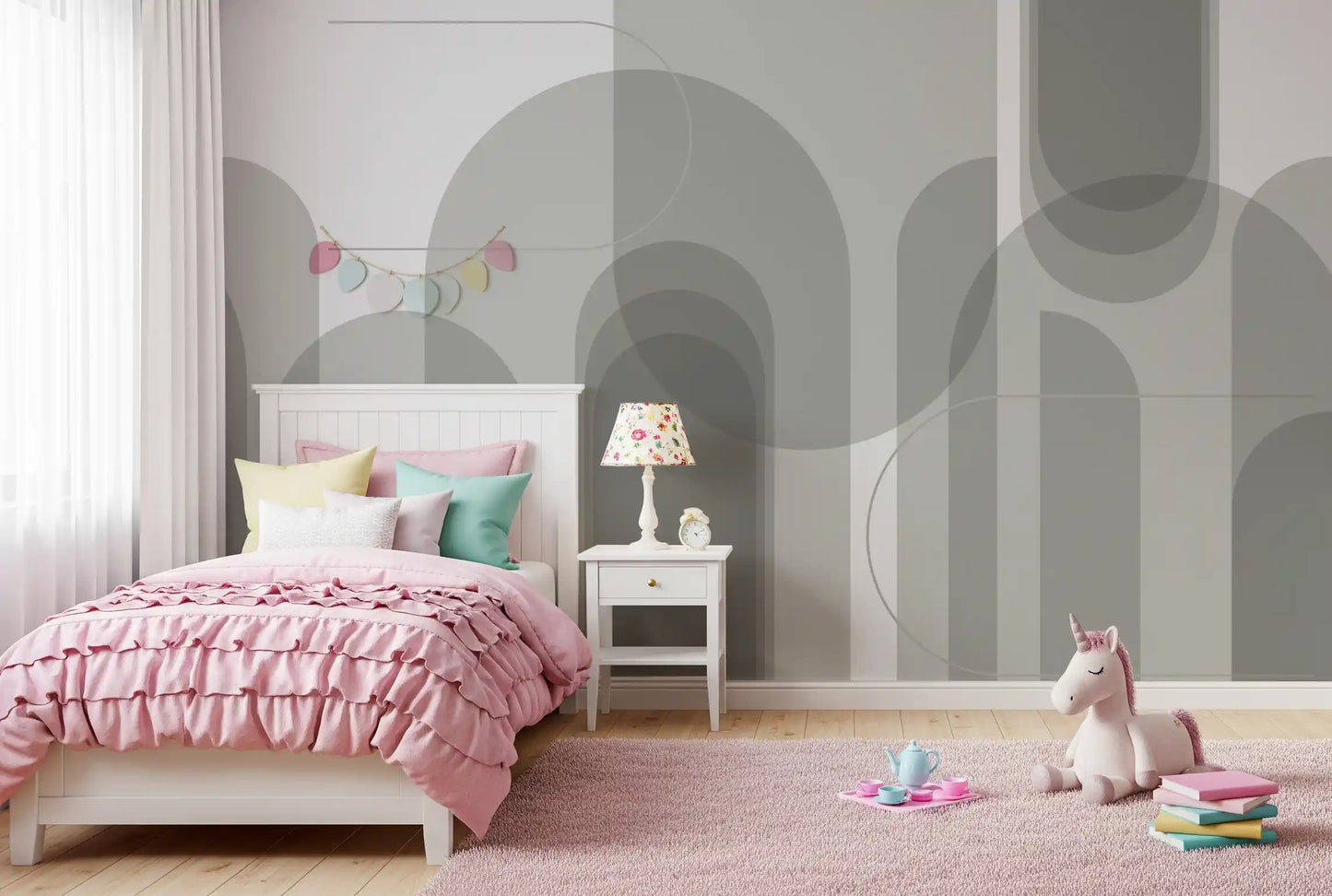 Kids room wall mural featuring muted grey arches and modern abstract forms
