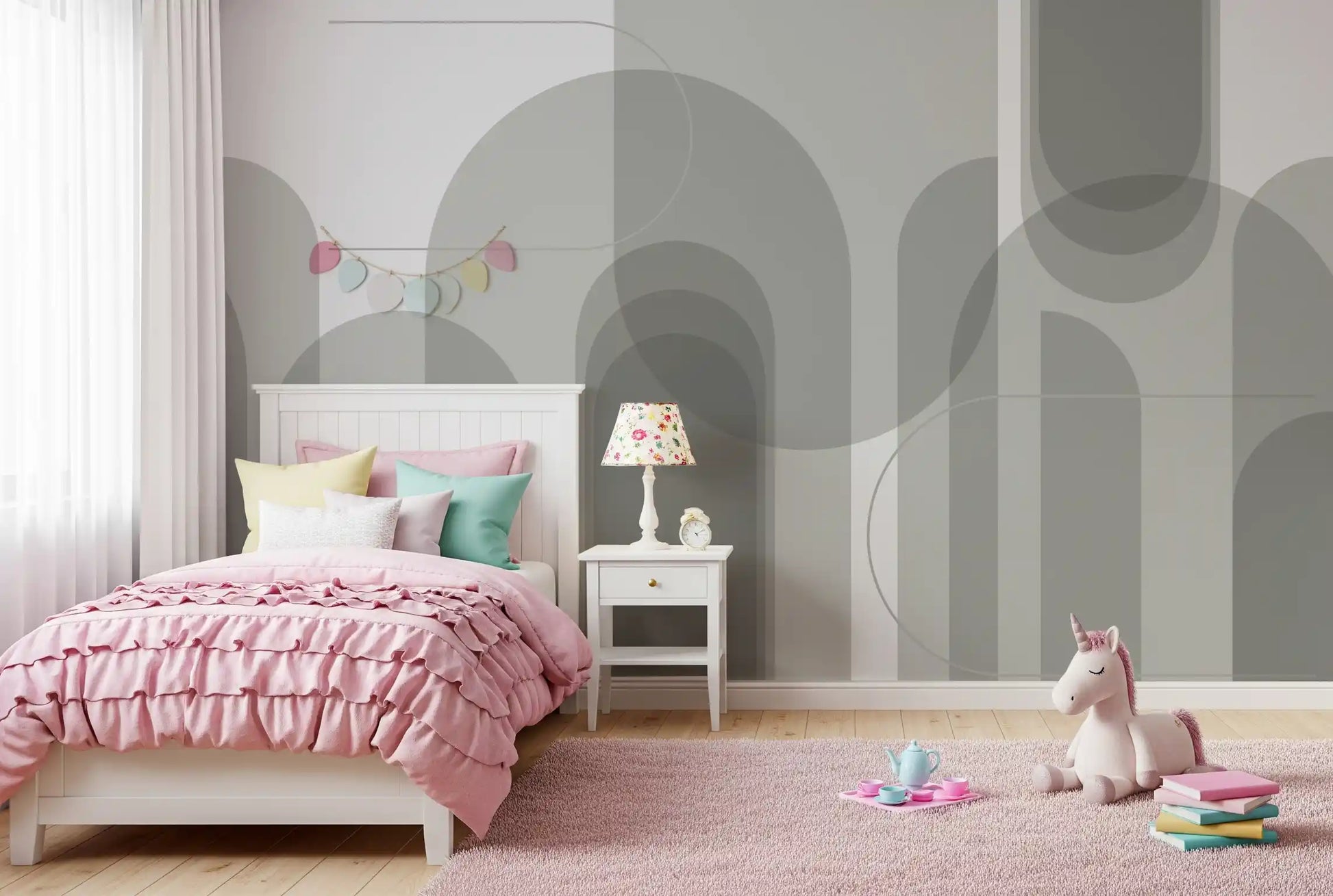 Kids room wall mural featuring muted grey arches and modern abstract forms