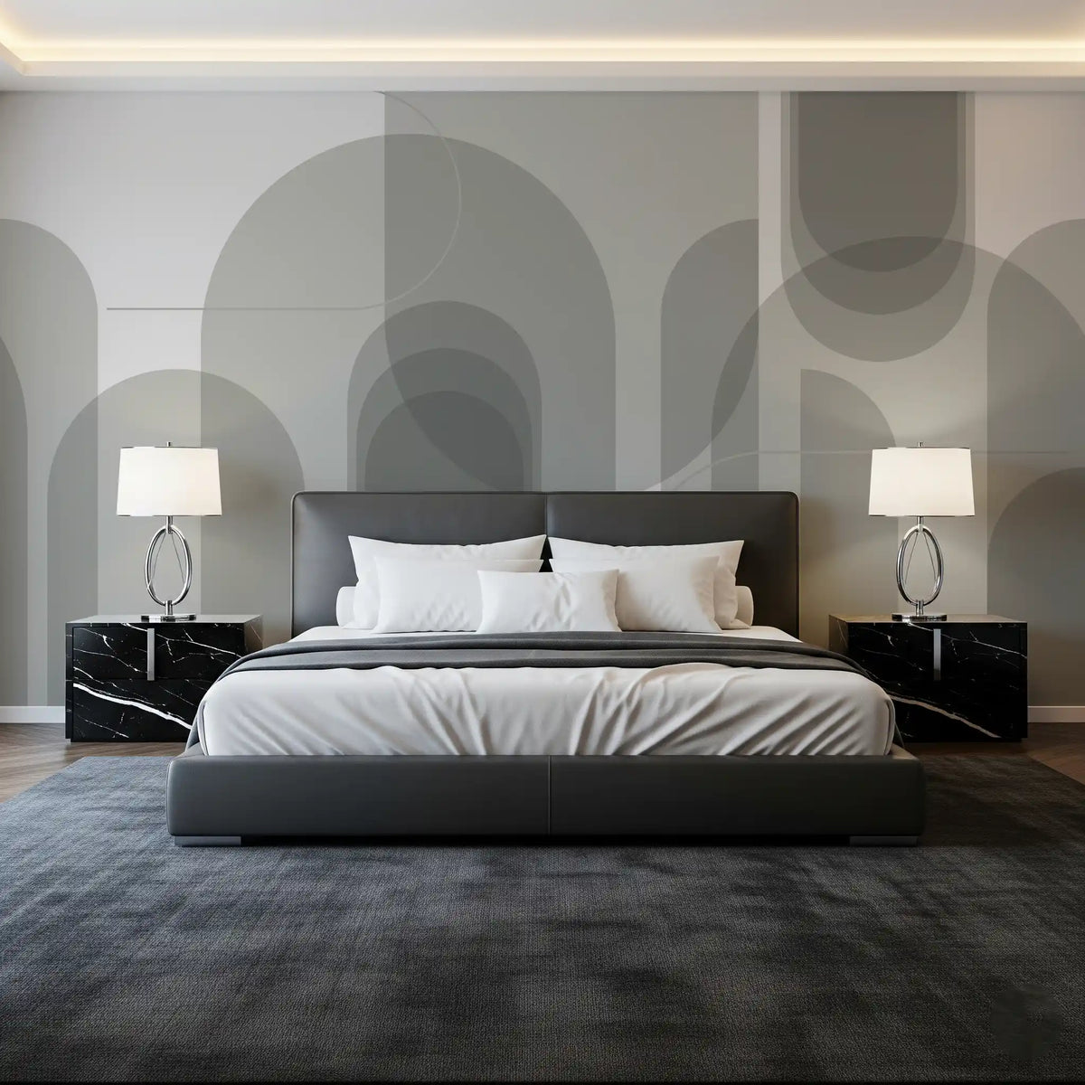 Bedroom wall mural with Abstract Grey Arches and soft geometric layers