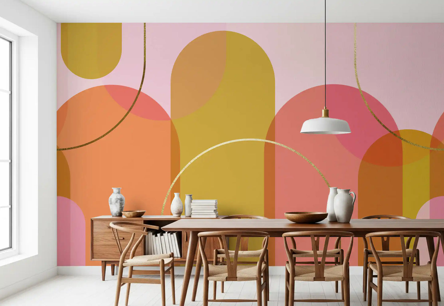 Dining room Golden Hour Geometry Wall Mural with coral abstract forms