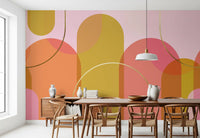 Dining room Golden Hour Geometry Wall Mural with coral abstract forms