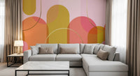 Gold curve wall mural with blush overlays and architectural movement