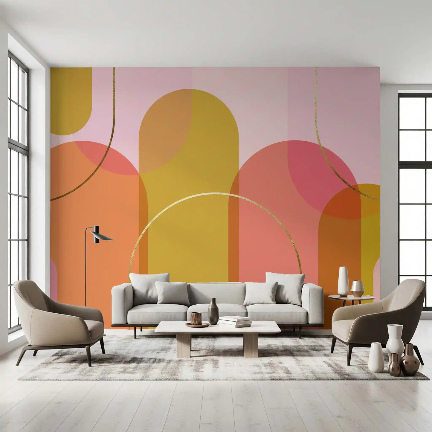 Living room Geometry Wall Mural showing peach arches and metallic accents