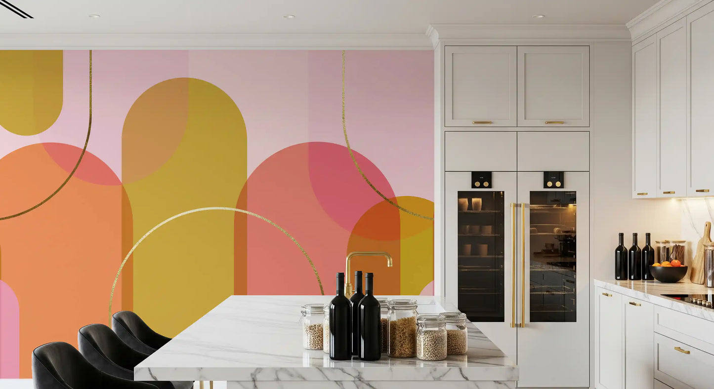 Kitchen Golden Geometry Mural featuring blush blocks and soft arc details
