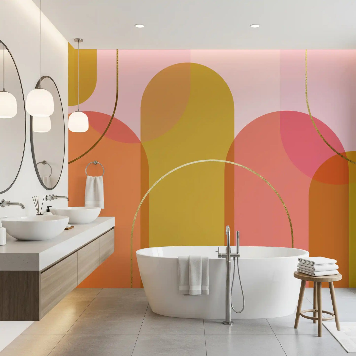 Geometric wall mural showing rounded forms and soft sunset colours