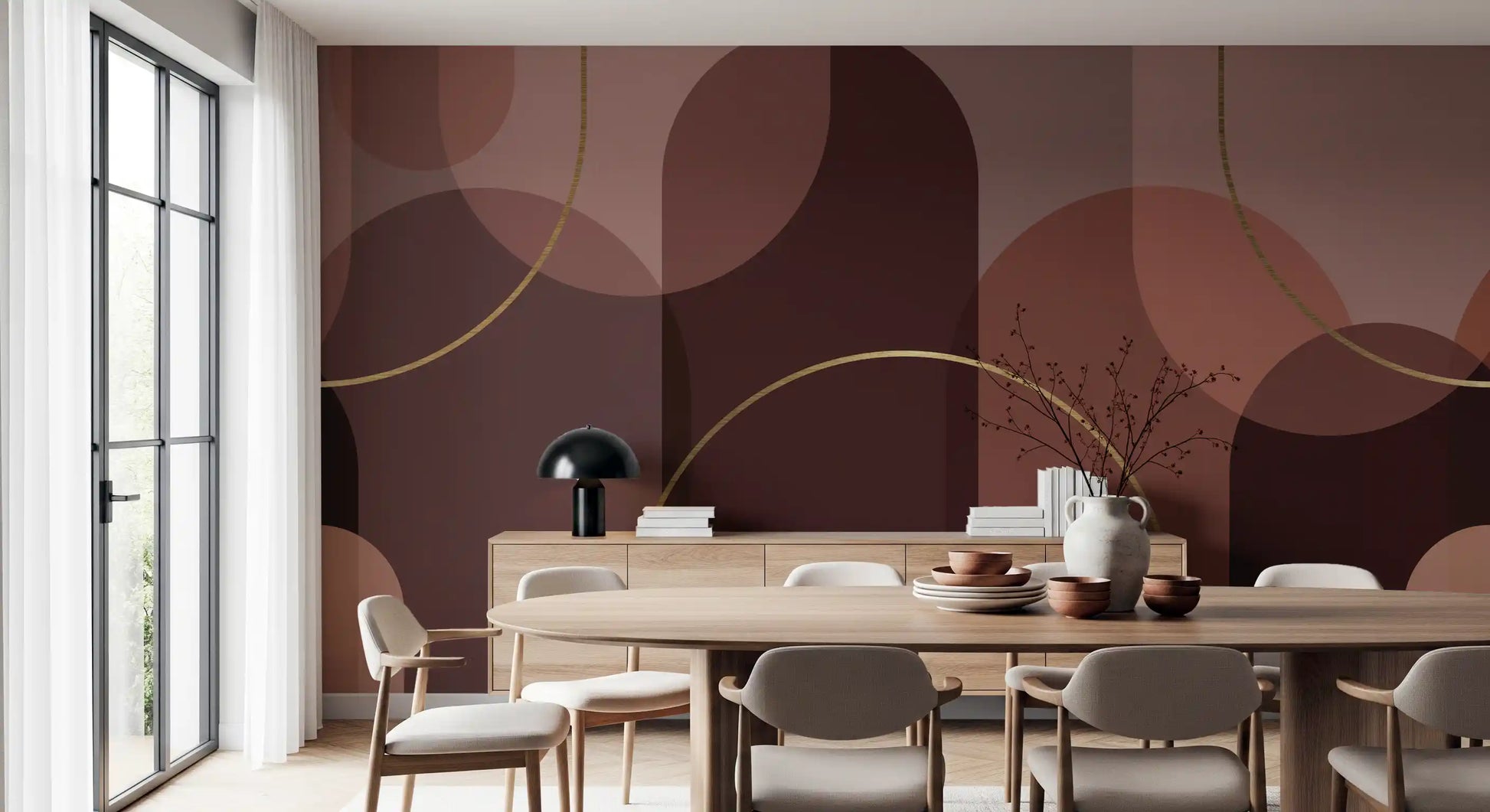 Dining room Serenity Wall Mural with warm abstract arches and tonal depth