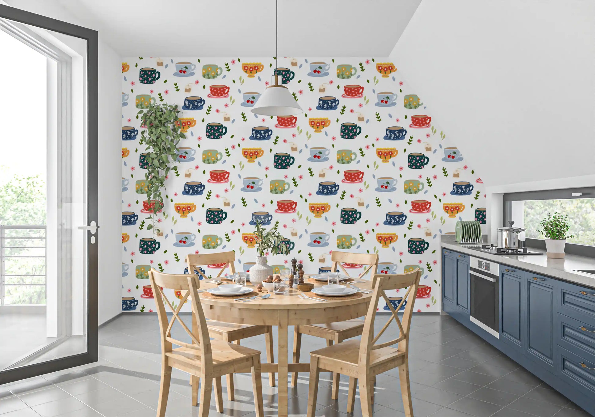 Breakfast nook Coffee Cup Flower wallpaper with cups, tags, and blooms