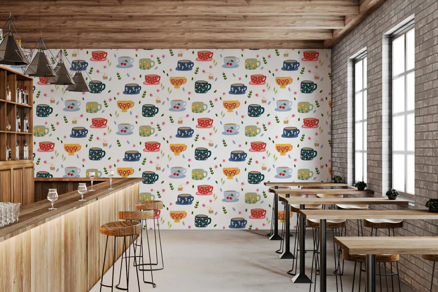 Floral mug wallpaper showing hearts, blossoms, and scattered tea labels