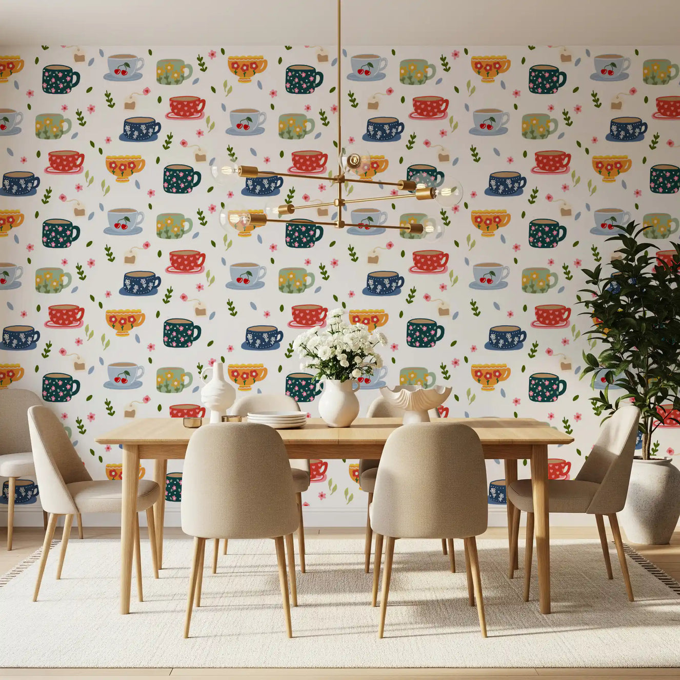Dining area Floral Coffee Cups wallpaper with colorful illustrated mugs