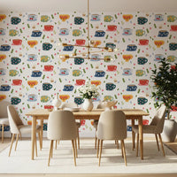 Dining area Floral Coffee Cups wallpaper with colorful illustrated mugs