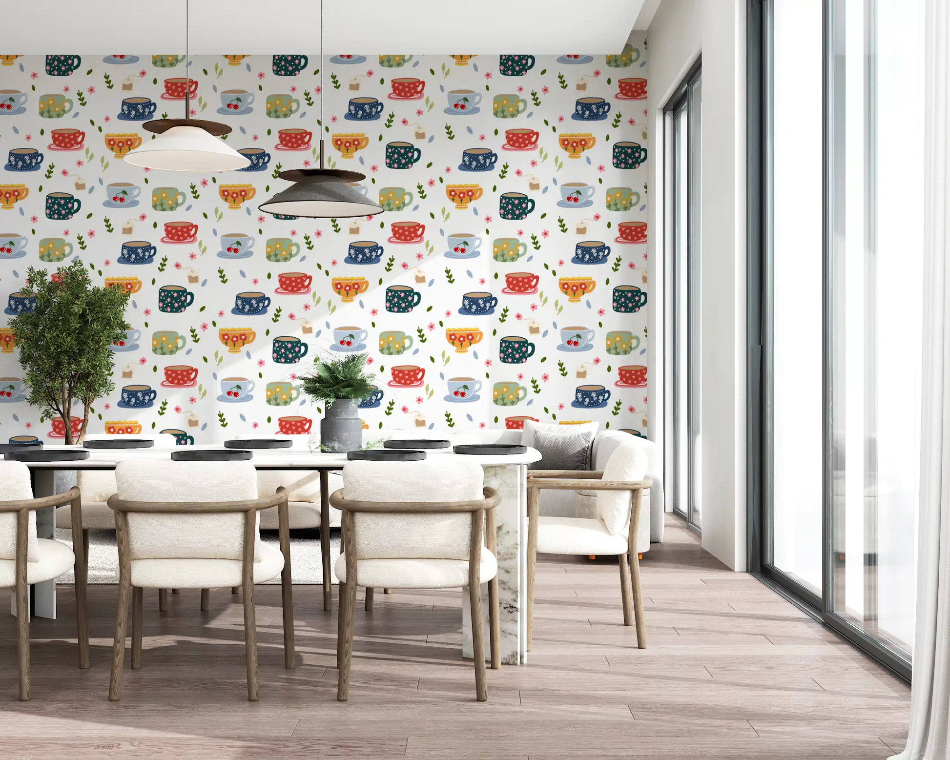 Kitchen cup wallpaper with flower prints, saucers, and tiny petals