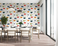 Kitchen cup wallpaper with flower prints, saucers, and tiny petals