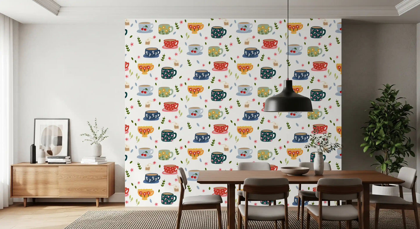 Cafe-style wallpaper with illustrated drinkware and botanical details
