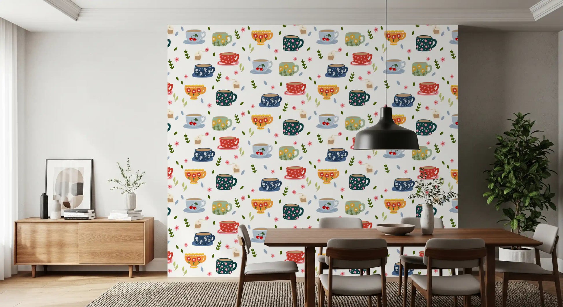 Cafe-style wallpaper with illustrated drinkware and botanical details