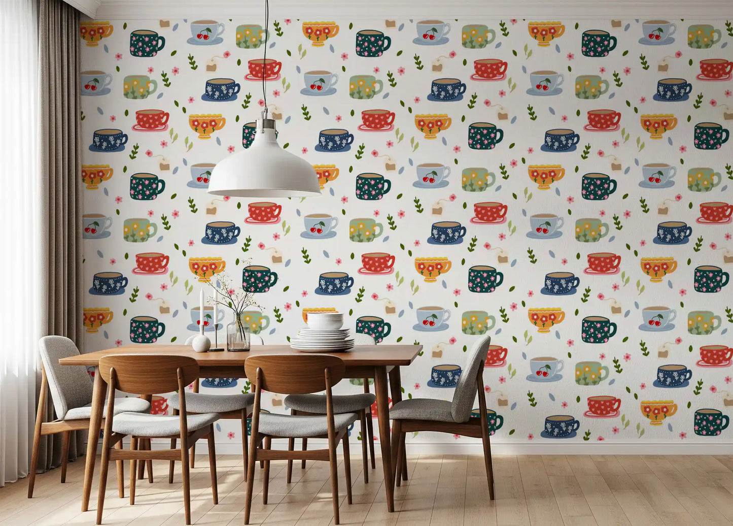 Cafe wall Coffee Cups Wallpaper with cherries, flowers, and soft leaves