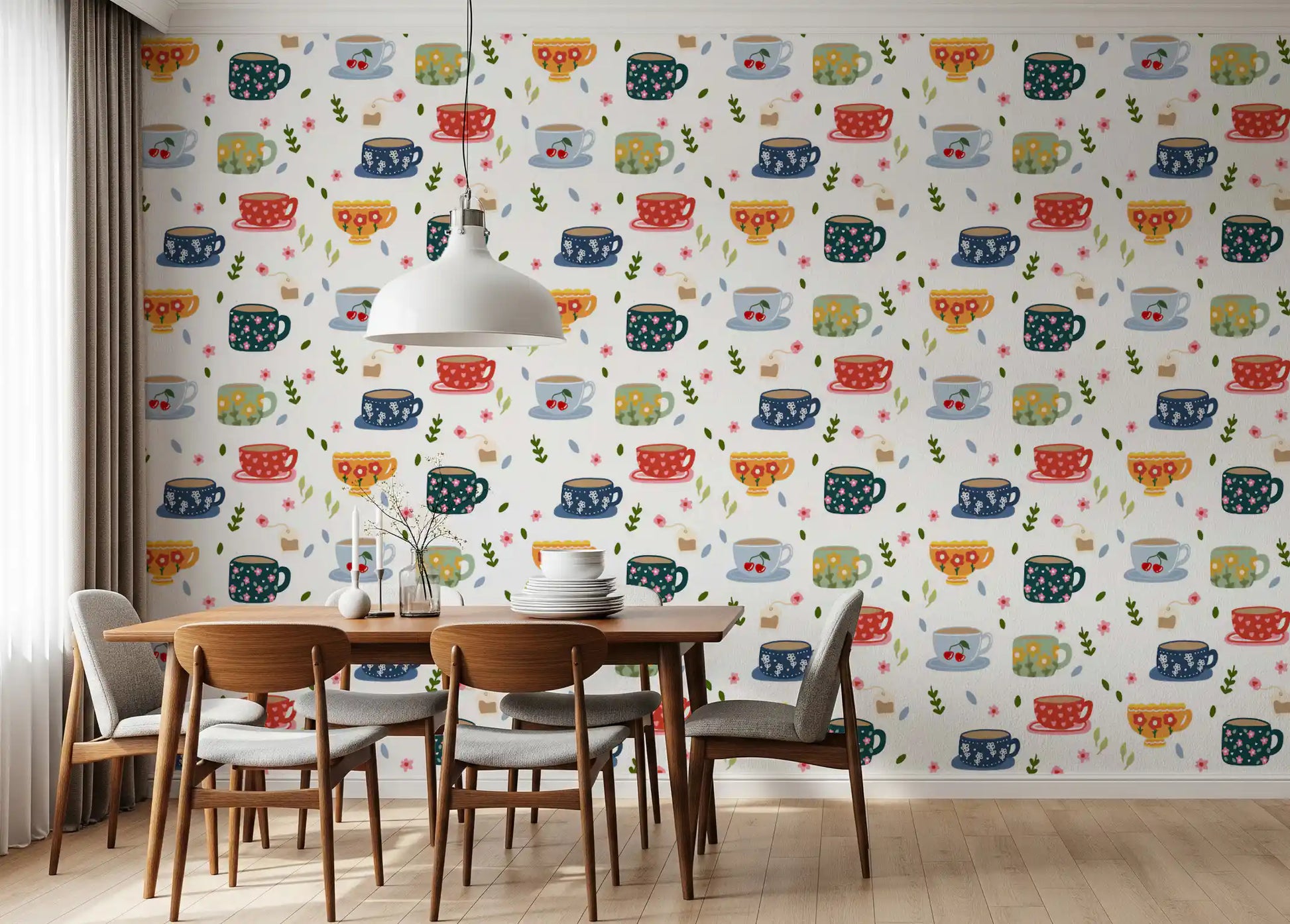 Cafe wall Coffee Cups Wallpaper with cherries, flowers, and soft leaves