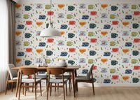 Cafe wall Coffee Cups Wallpaper with cherries, flowers, and soft leaves