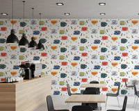 Coffee Cups and Flowers pattern with leafy accents and cheerful cups