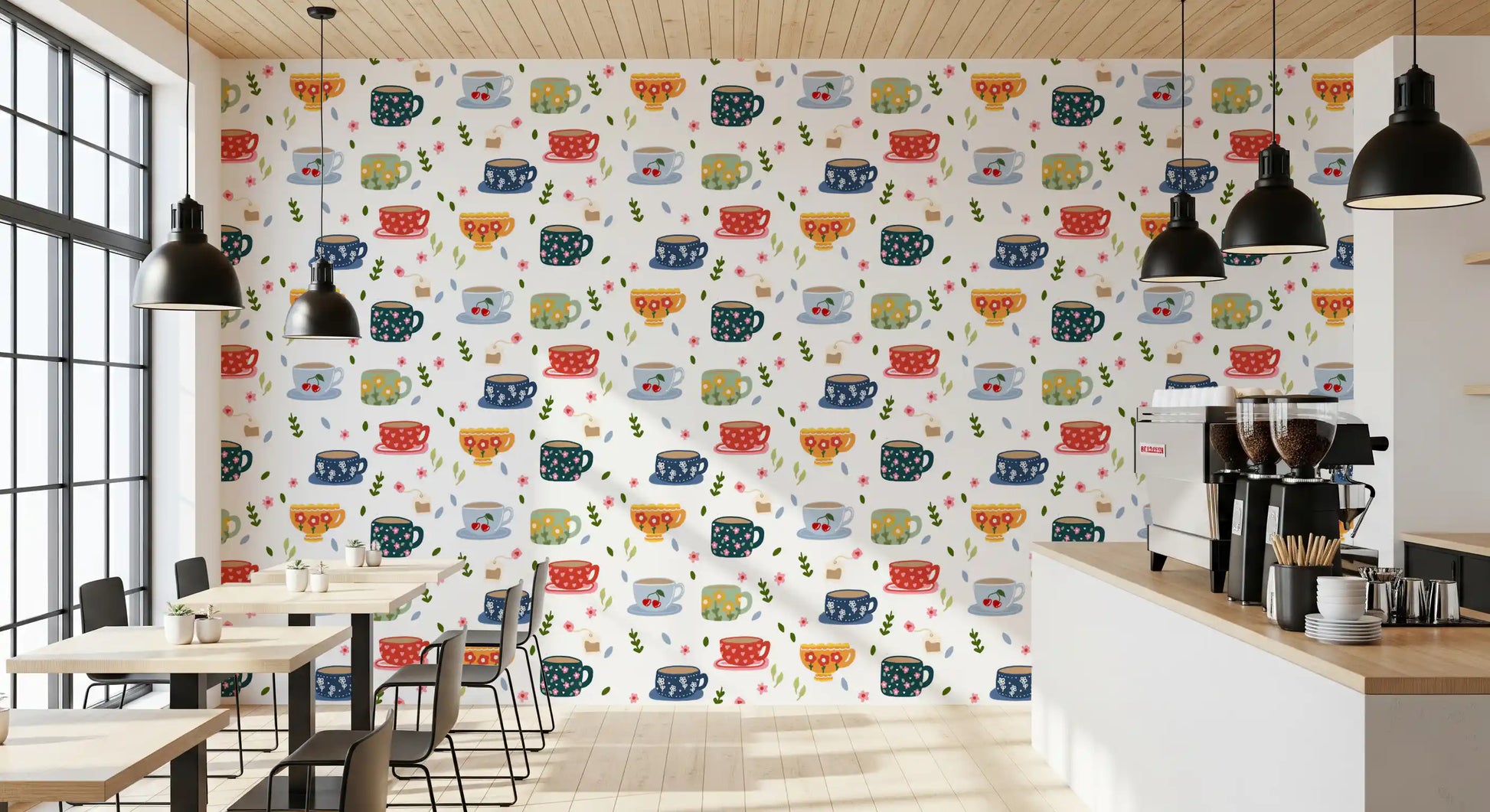 Pantry Coffee Cups and Flowers Wallpaper with playful cup pattern