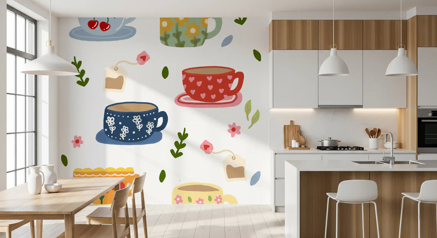 Kitchen Teatime Wall Mural with colorful mugs and floral tea accents