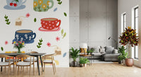 Breakfast nook Tea Cups Mural with leaves, tags, and cheerful cup art