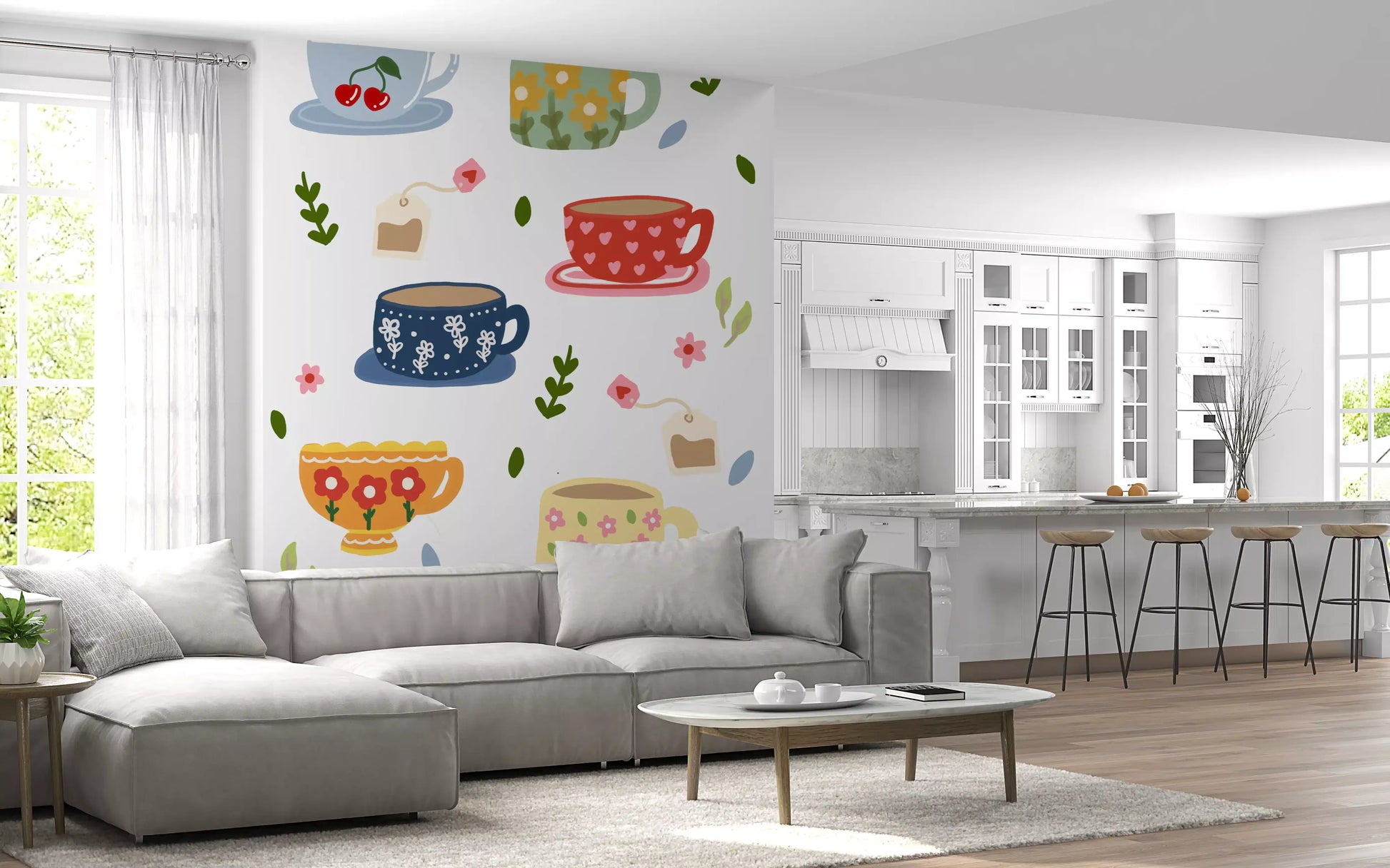 Kitchen mural showing tea cups, tags, petals, and fresh illustrated details