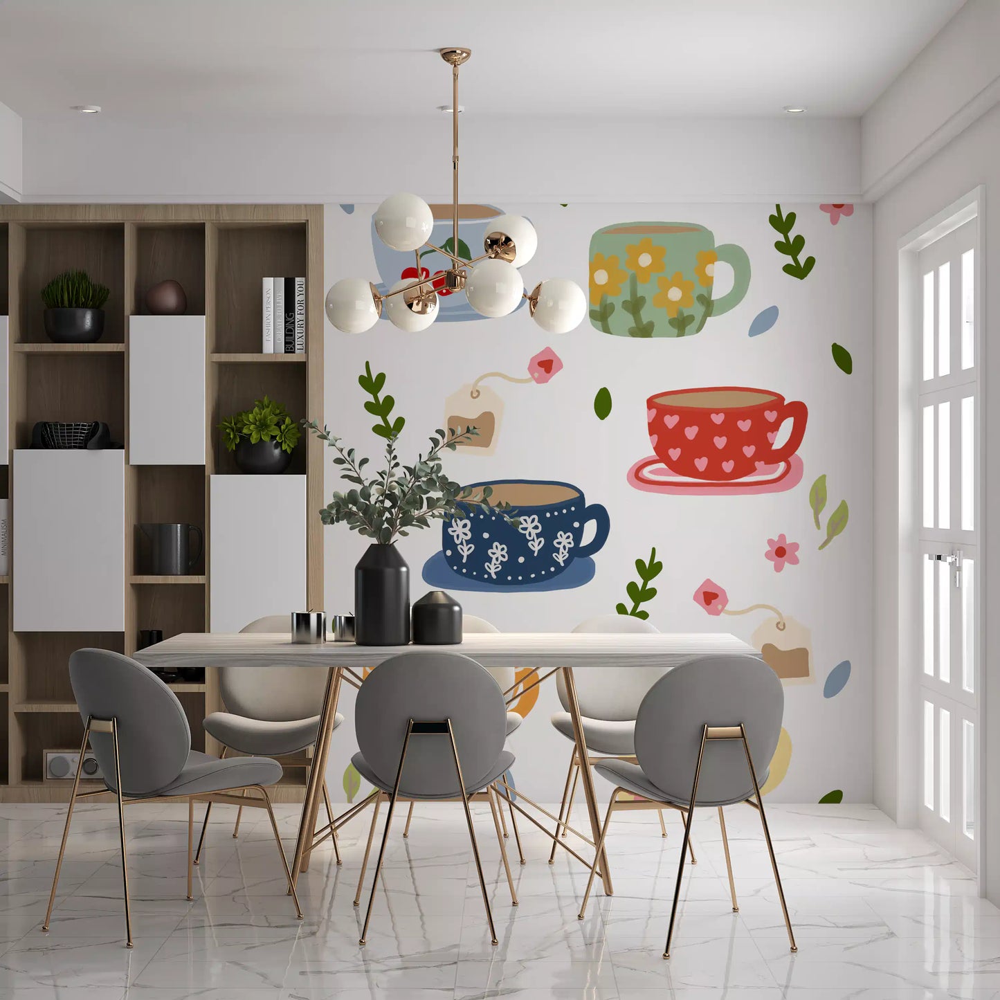 Teatime Wall Mural with red heart cup, floral mugs, and soft colors