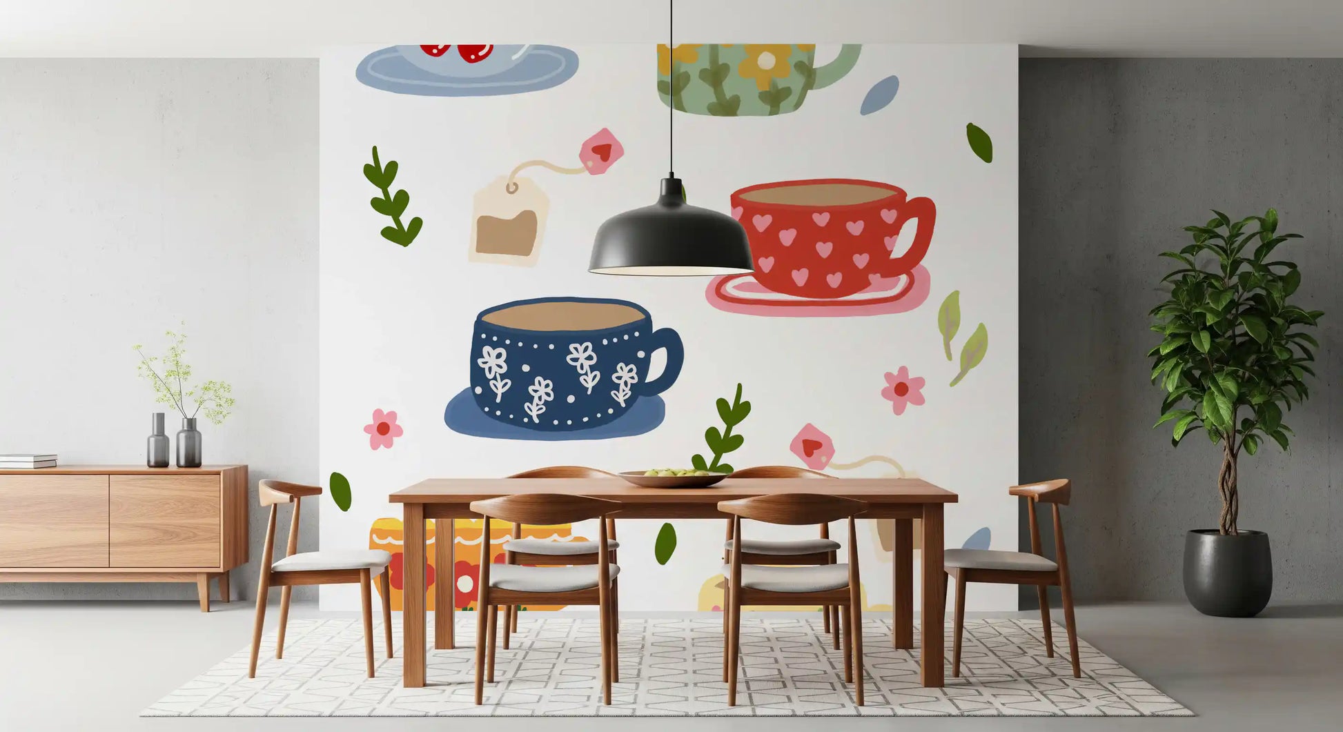 Dining area Teatime Mural showing patterned cups and tiny flowers