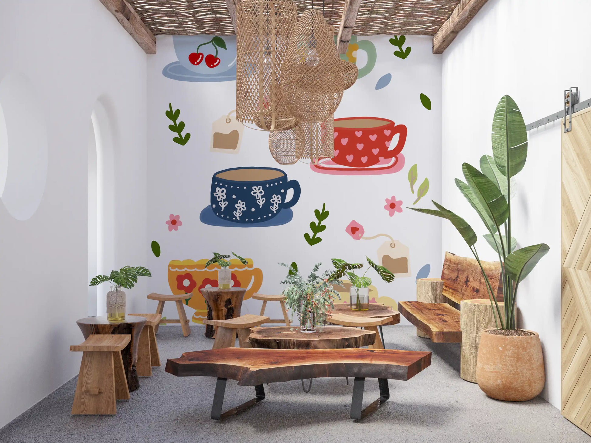 Cafe wall Tea Cup Artwork with bright mugs and hand-drawn sprigs