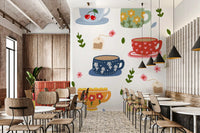 Cup wall mural with yellow, blue, green, and red illustrated drinkware