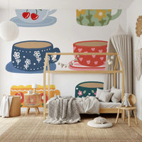 Tea Cups Wall Mural with six illustrated mugs in bright soft colours