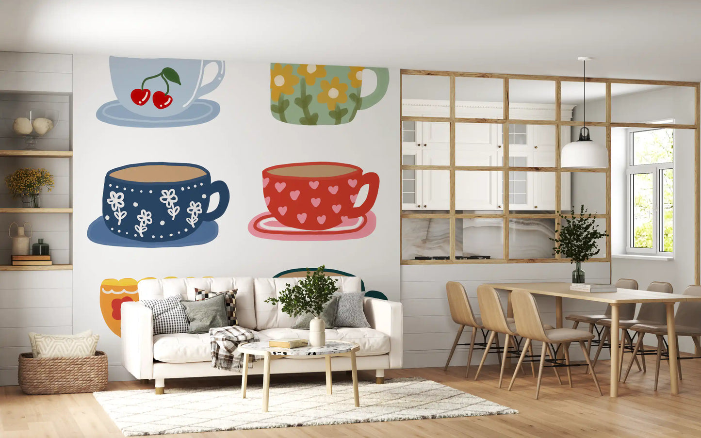 Pantry Tea Cups Wall Mural with patterned mugs and soft kitchen charm