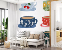 Tea mug mural featuring flower motifs, heart shapes, and cherry detail