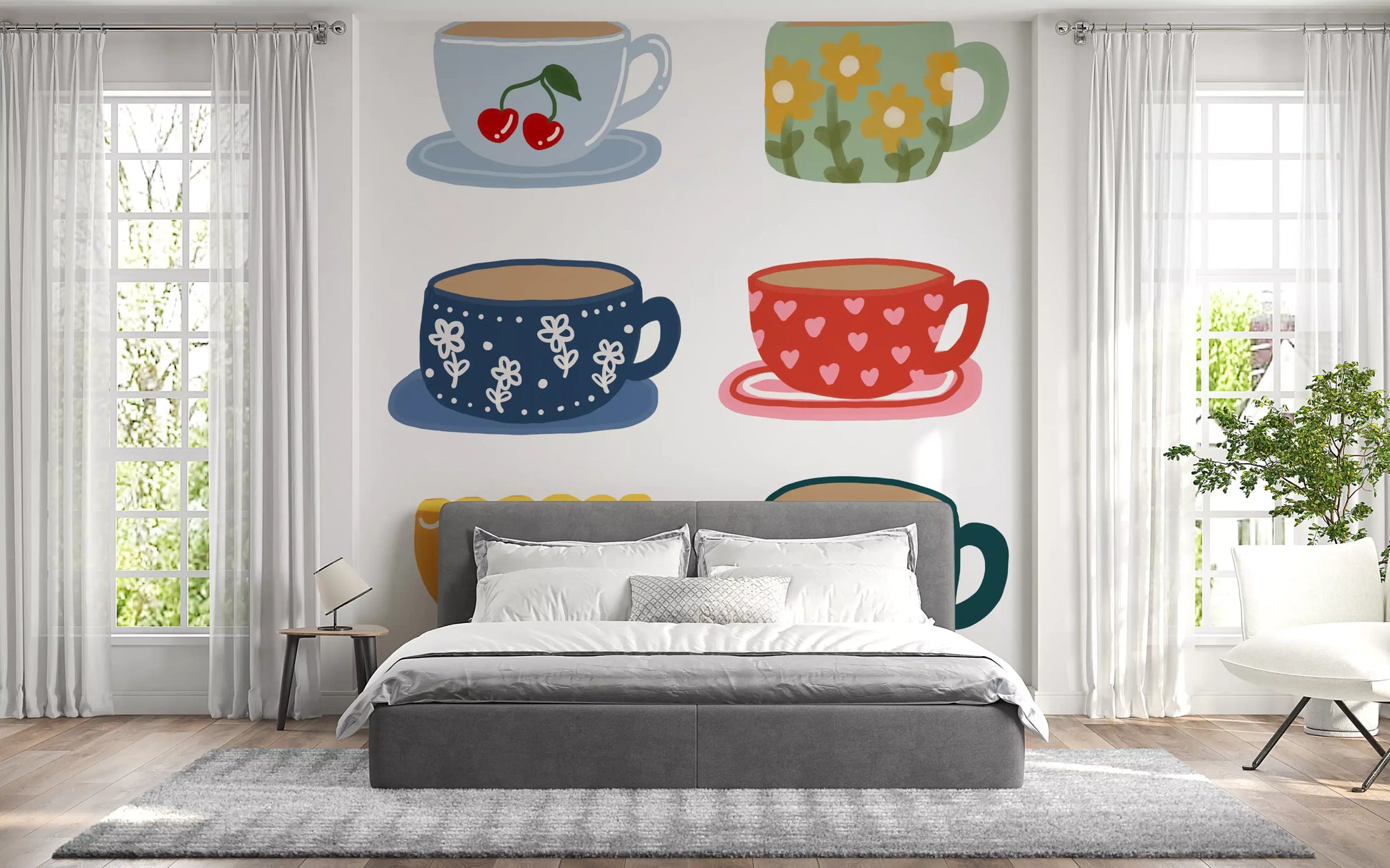 Floral cup mural with playful tea mugs and clean illustrated styling