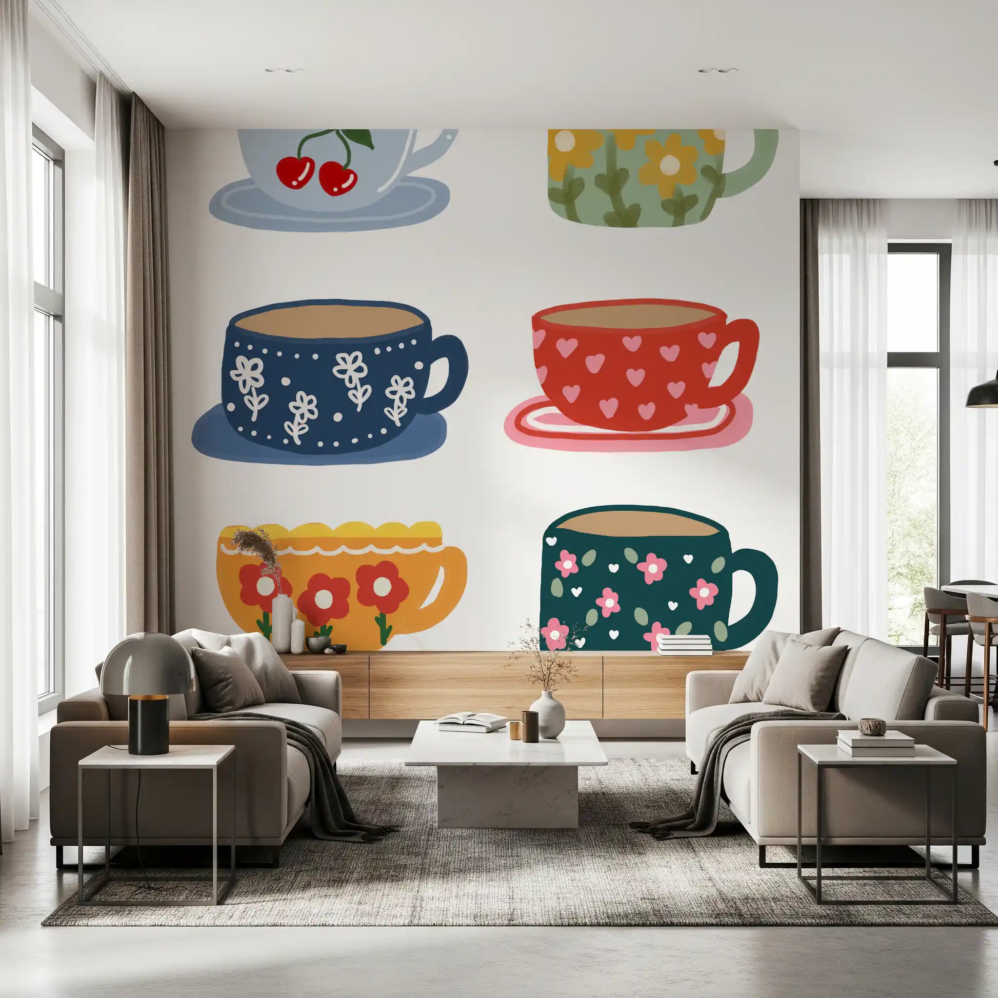 Kitchen cup wall mural with colourful cups and sweet decorative patterns
