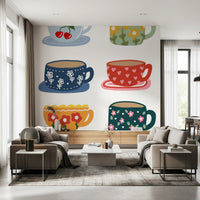 Kitchen cup wall mural with colourful cups and sweet decorative patterns