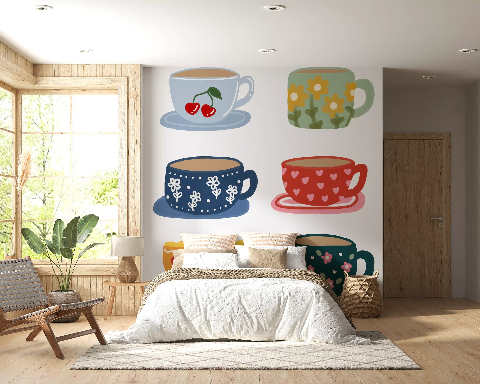 Bedroom wall mural featuring Tea Cups with cherries and floral prints