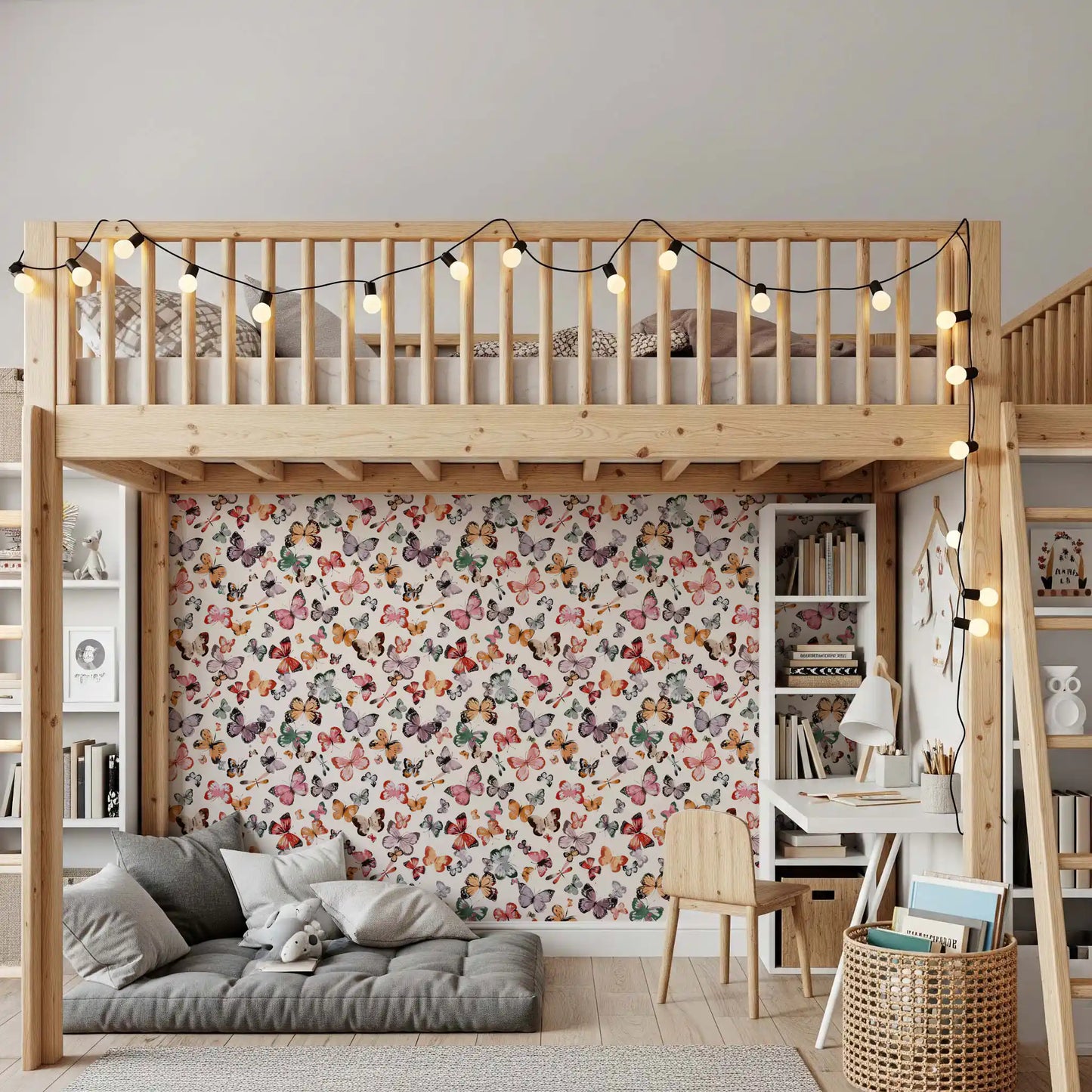 Bedroom Flying Butterflies Wallpaper with coral, sage, and lavender details