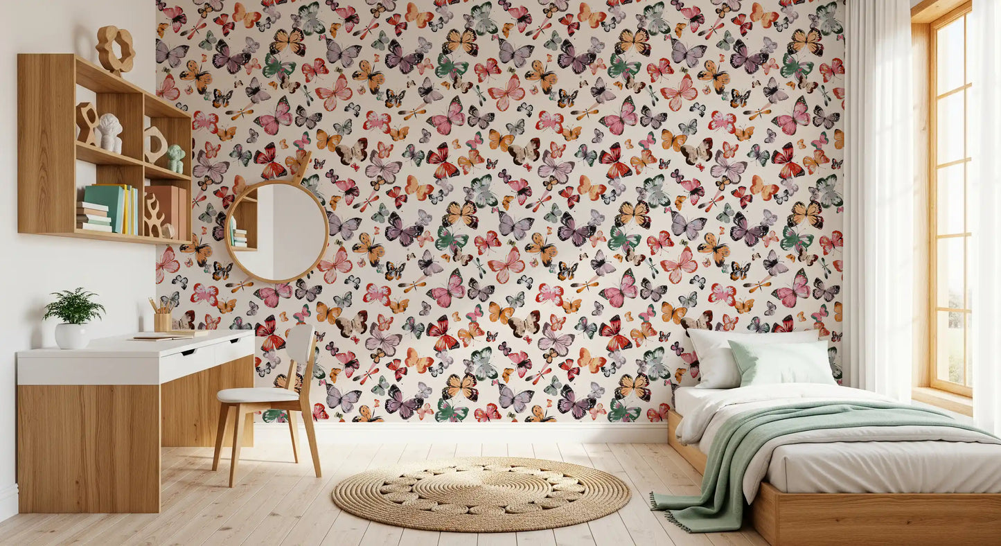 Painted butterfly wallpaper with delicate insects and calm earthy palette