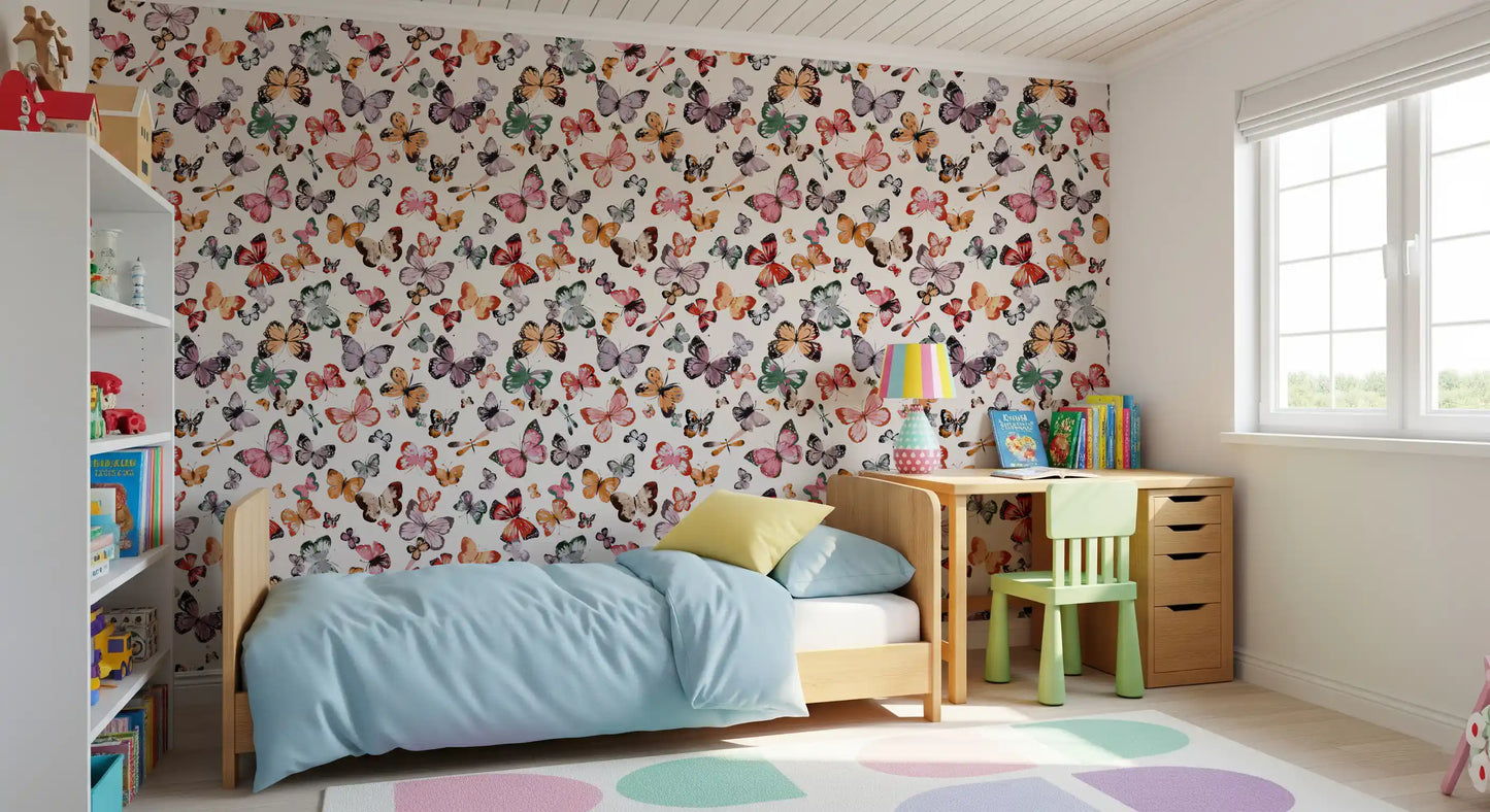Flying Butterflies Earthy Tones Wallpaper with varied wings on a pale base