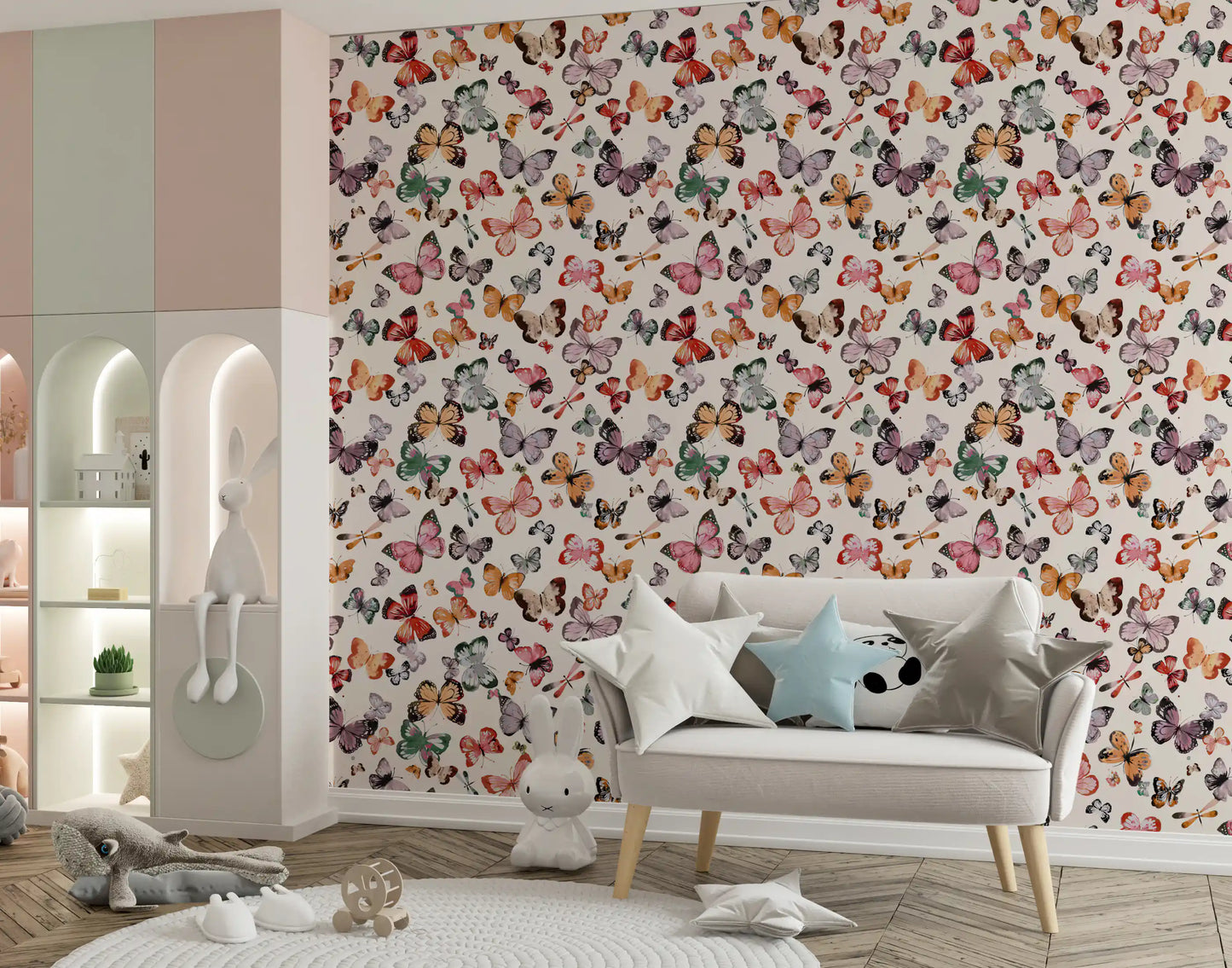 Nursery Earthy Butterfly wallpaper showing fluttering wings and warm colours