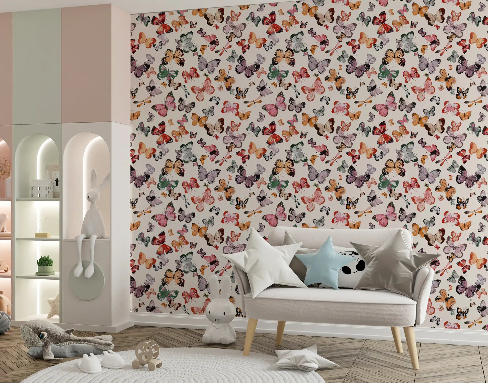 Nursery Earthy Butterfly wallpaper showing fluttering wings and warm colours