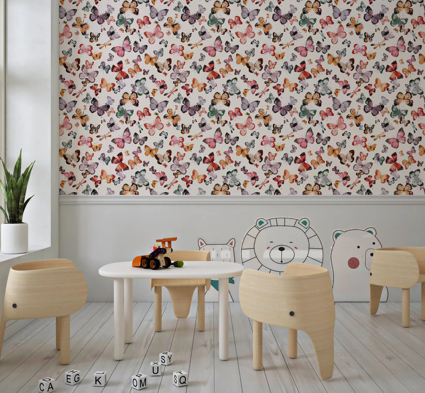 Garden butterfly wallpaper with fluttering shapes and muted painted detail