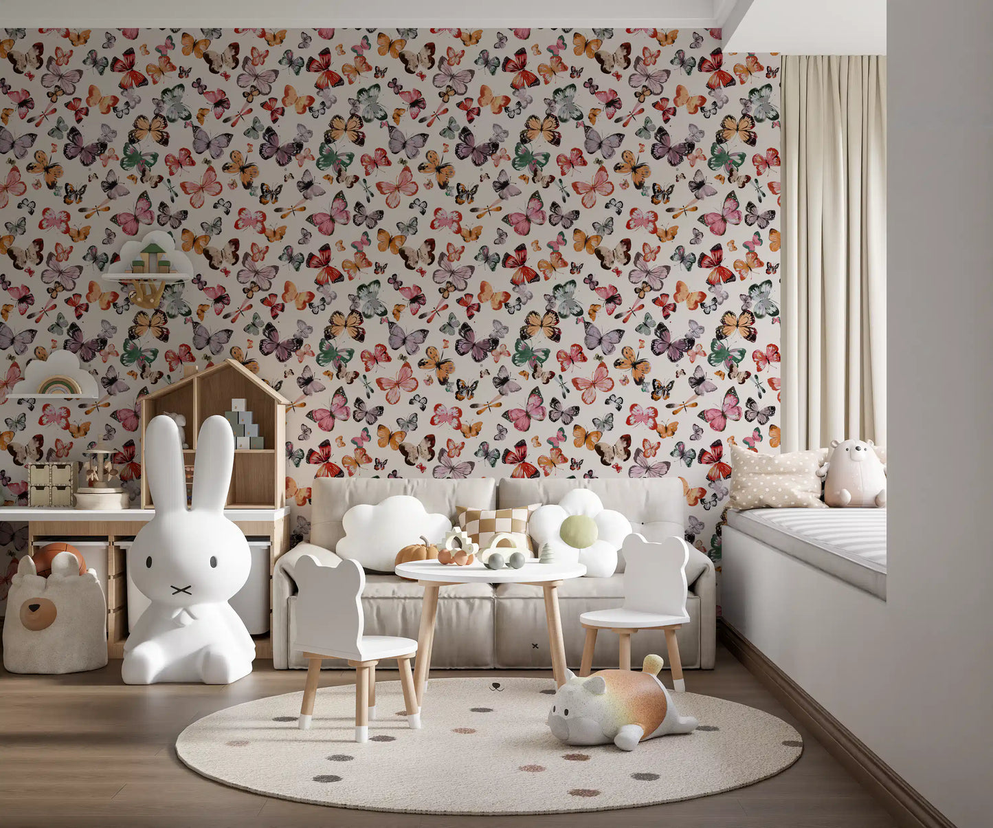 Earthy tones wallpaper featuring orange, blush, brown, and green butterflies