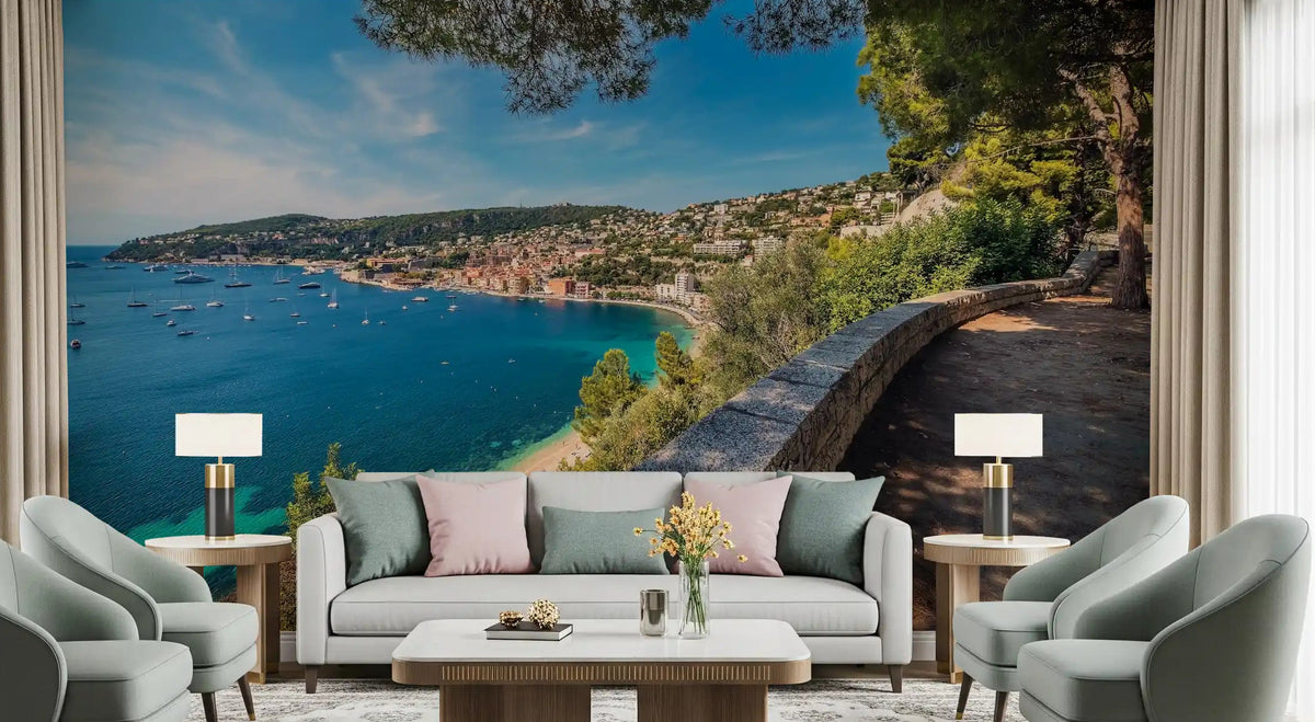 Living room Villefranche-sur-Mer wall mural with blue bay and hillside view