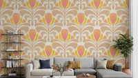 Living room Sunny Floral Melody Wallpaper with peach blooms and soft leaf curves