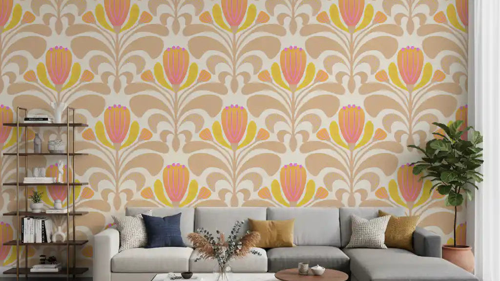 Living room Sunny Floral Melody Wallpaper with peach blooms and soft leaf curves