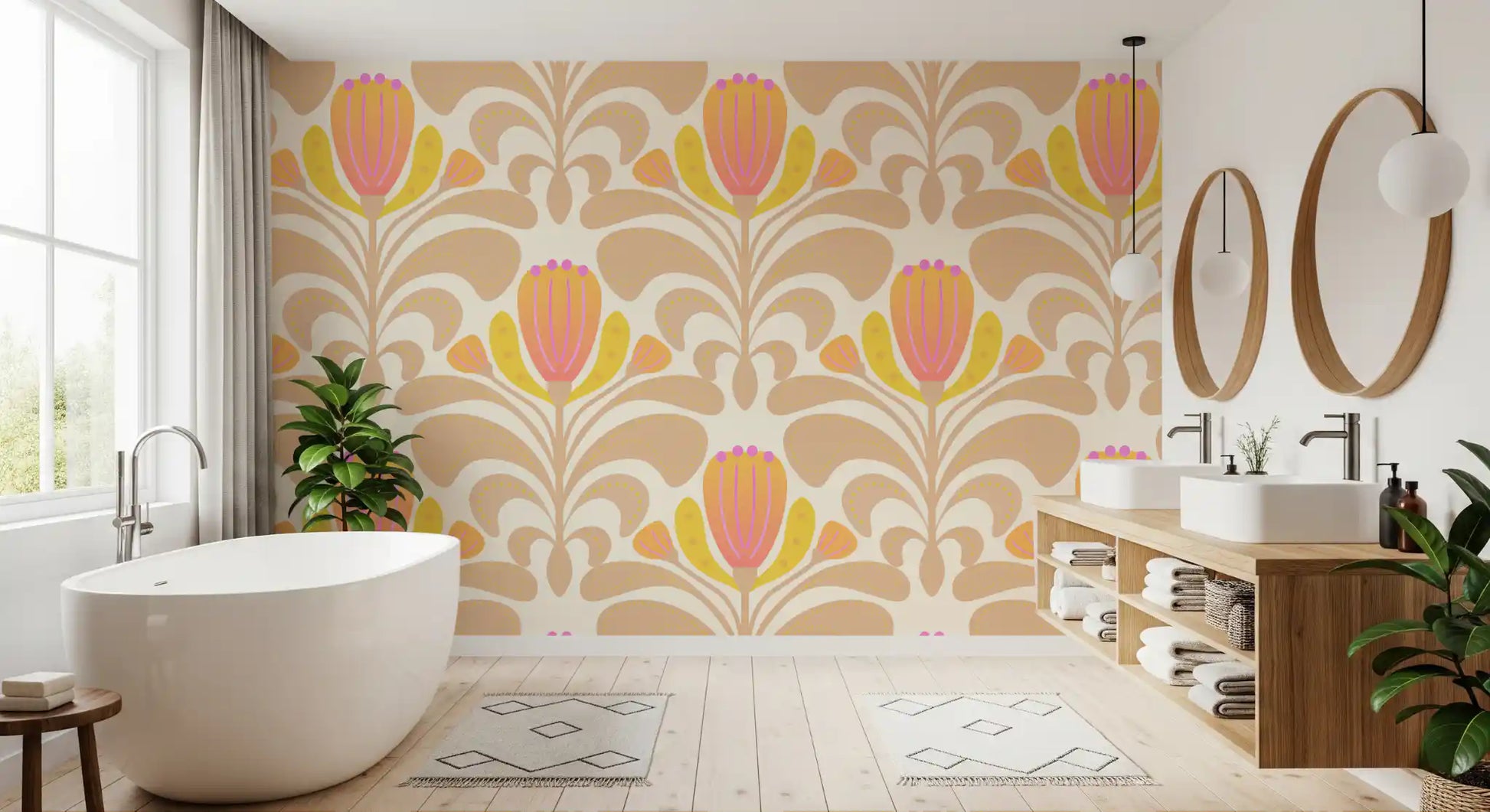 Bathroom Sunny Wallpaper with soft floral shapes and warm peach accents