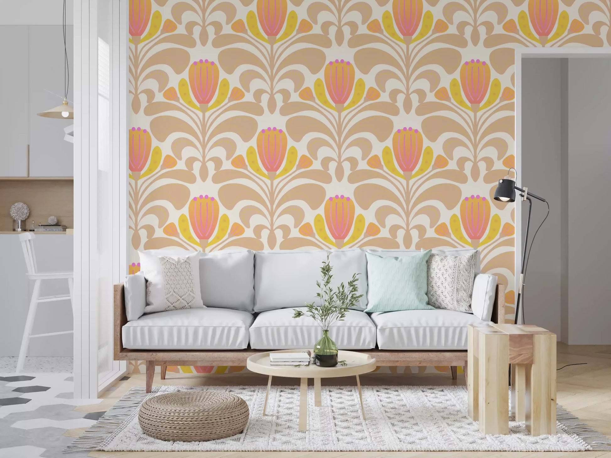 Warm bloom wallpaper with yellow petals and soft scrolling plant forms